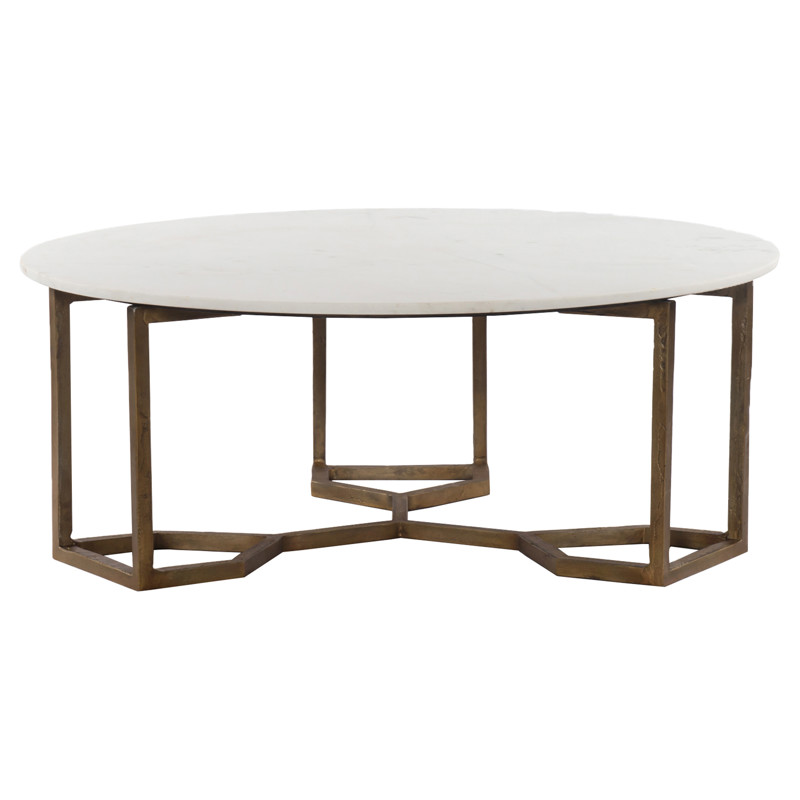 Zia Regency Geometric Gold Frame Round White Marble Top Round Coffee Table