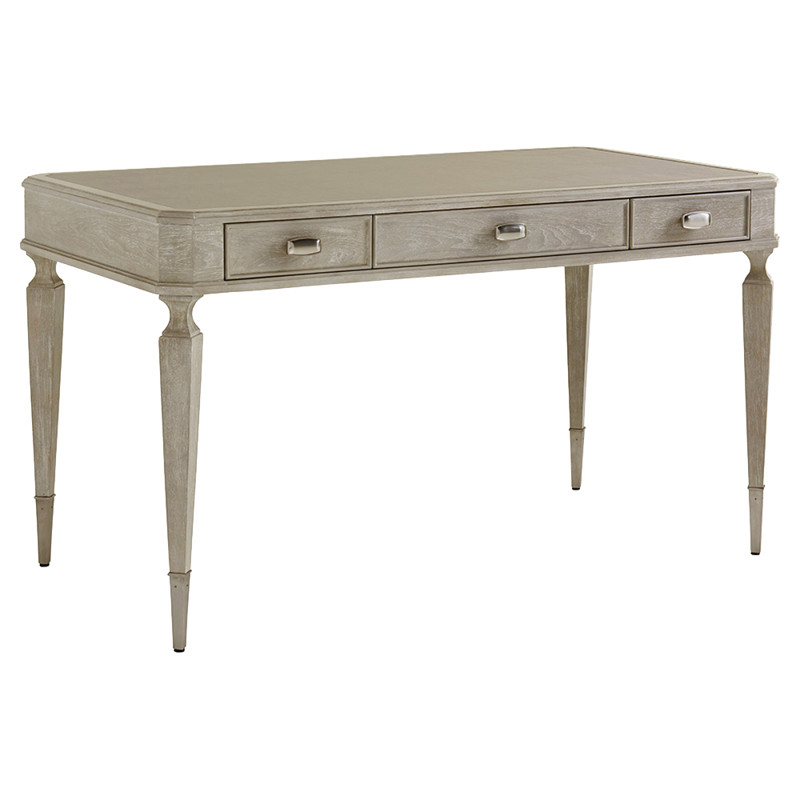 Chloe French Country Grey Leather Surface Silver Leaf Wood Writing Desk