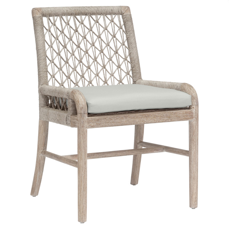 Palecek Montecito Coastal Abaca Grey Woven Teak White Cushion Outdoor Side Chair