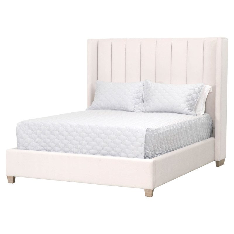 Charo Modern Cream Velvet Upholstered Oak Vertical Channel Wing Bed - Queen
