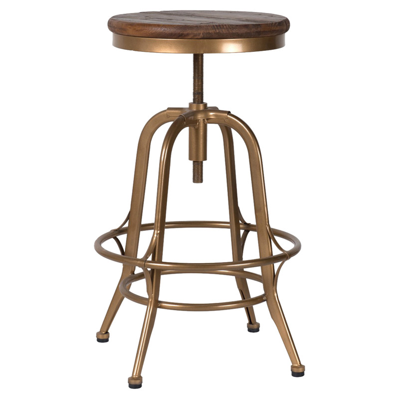 Charlie Industrial Loft Reclaimed Round Pine Seat Brass Counter Stool