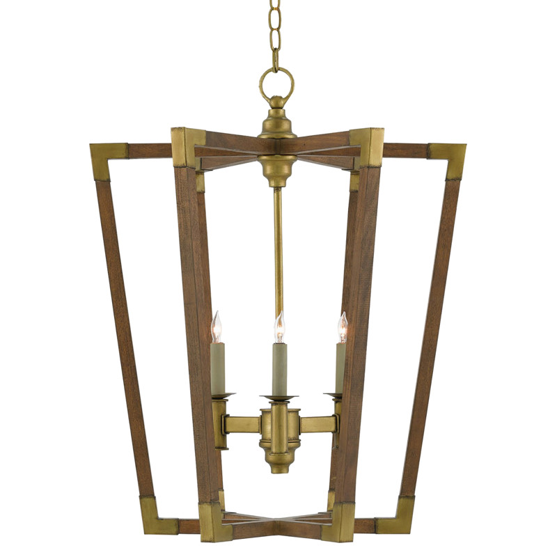 Aubrey Mid Century Modern Wood Brass Accent Lantern Pendant