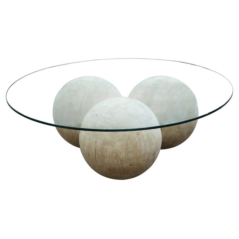 Vale Modern Rustic Round Glass Top Reclaimed Wood Sphere Round Coffee Table