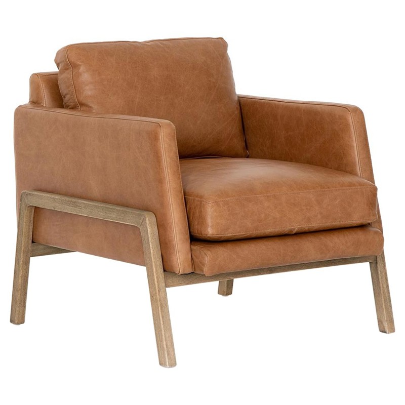 Niko Mid Century Brown Upholstered Leather Natural Wood Frame Occasional Arm Chair