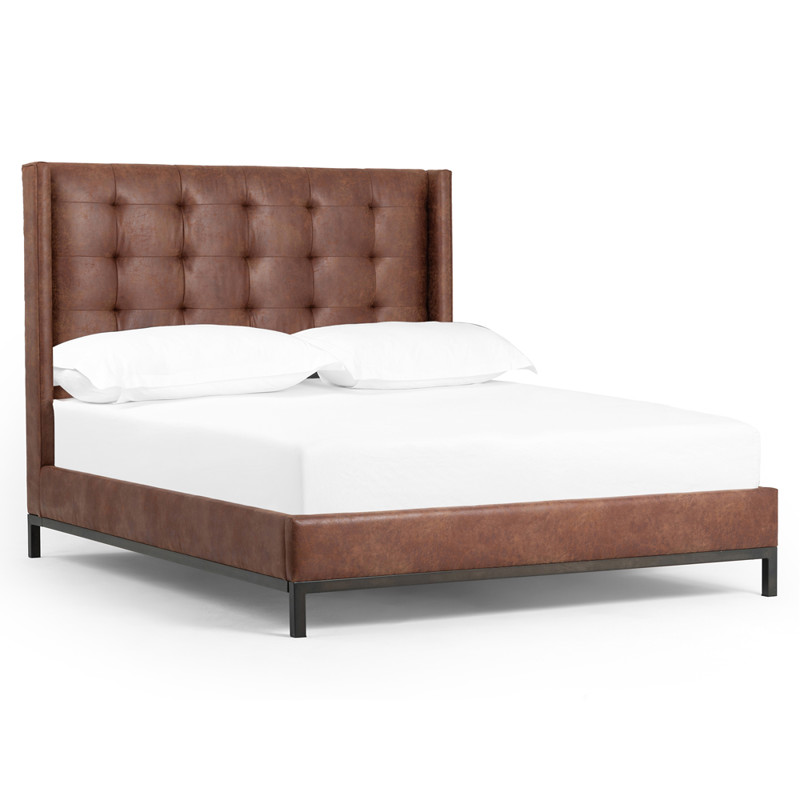 Nyla Modern Tufted Brown Faux Leather High Headboard Platform Bed - Queen