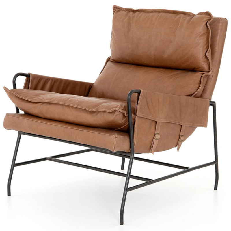 Tanya Industrial Lodge Brown Leather Black Iron Occasional Arm Chair