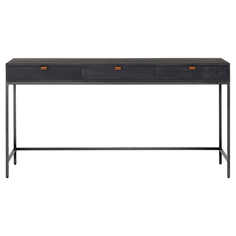 Theodore Industrial Loft Black Wood Grey Iron Base 3 Drawer Writing Desk