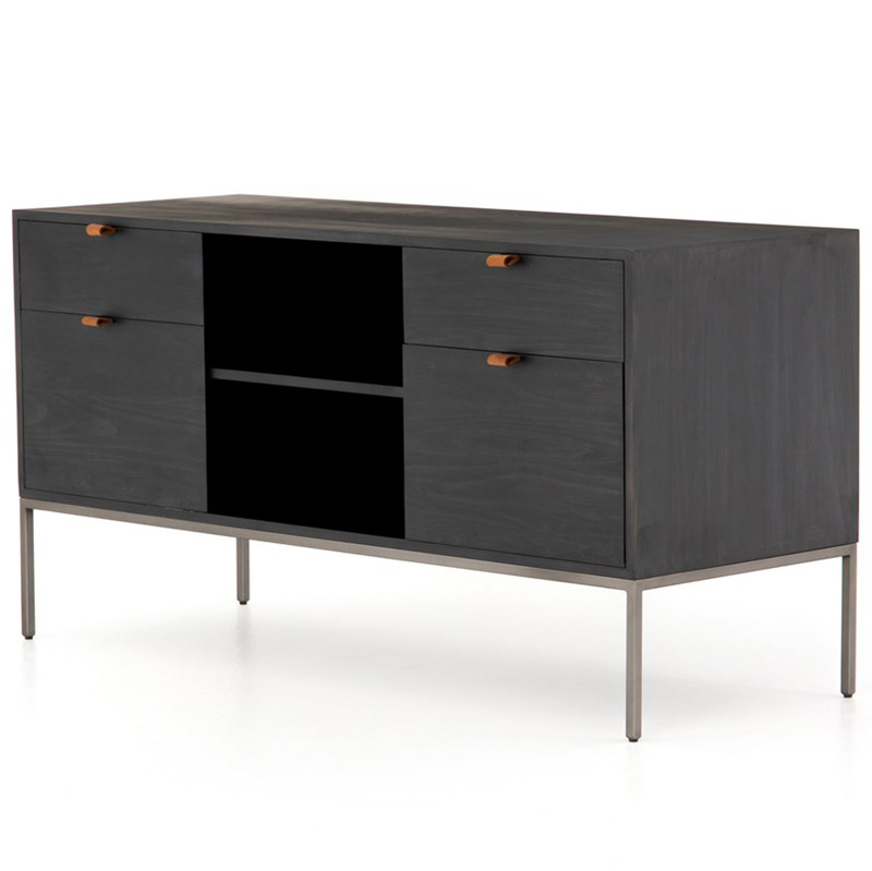 Theodore Industrial Loft Black Wood Grey Iron 4 Drawer Filing Credenza