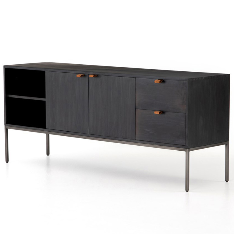 Theodore Industrial Black Wood Grey Iron 2 Drawer 2 Door Media Cabinet - 69"W
