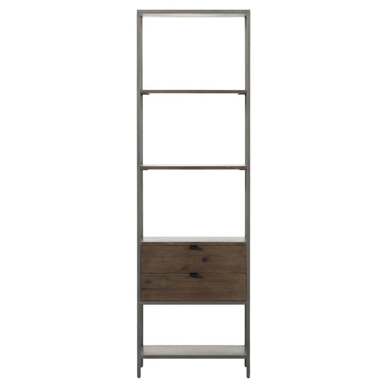 Theodore Industrial Loft Brown Wood Grey Iron Frame 2 Drawer Display Bookcase