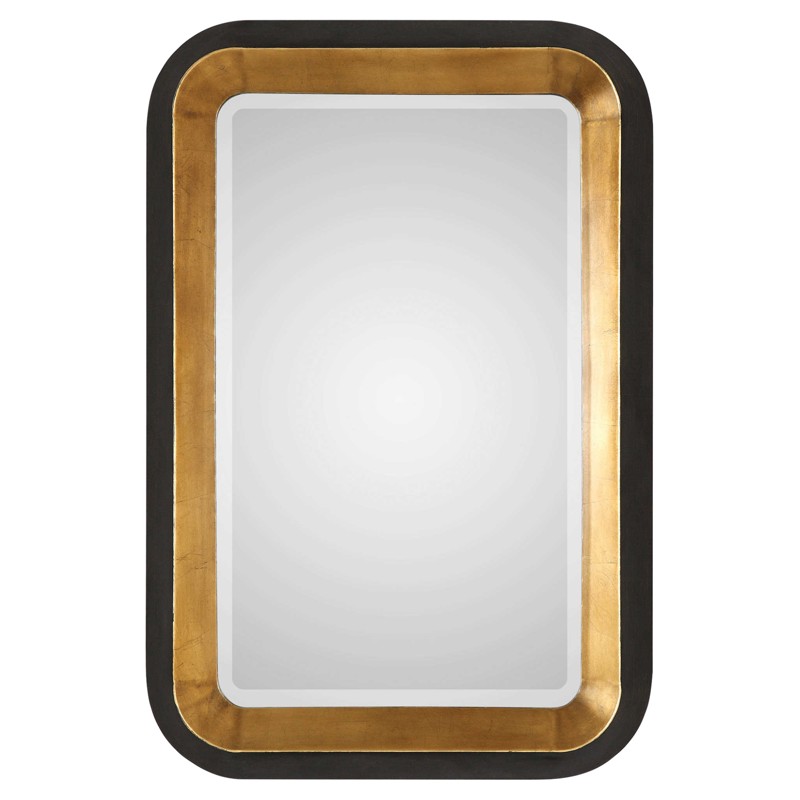 Skylar Hollywood Regency Two Tone Antique Gold Leaf Black Iron Beveled Wall Mirror