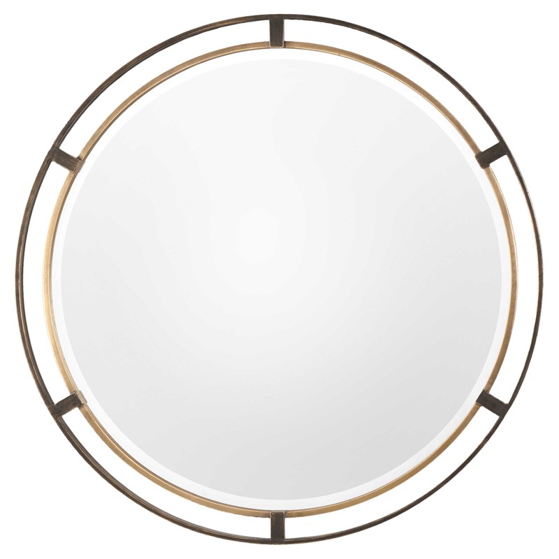 Emmanuel Modern Distressed Bronze Antique Gold Round Beveled Iron Wall Mirror