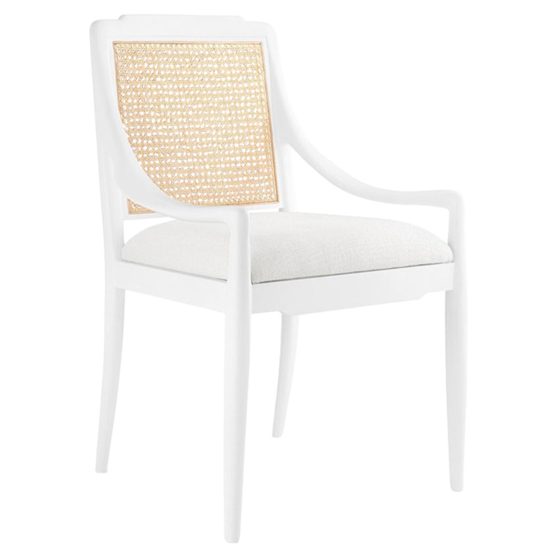 Veronika Modern White Mahogany Wood Woven Cane Dining Arm Chair