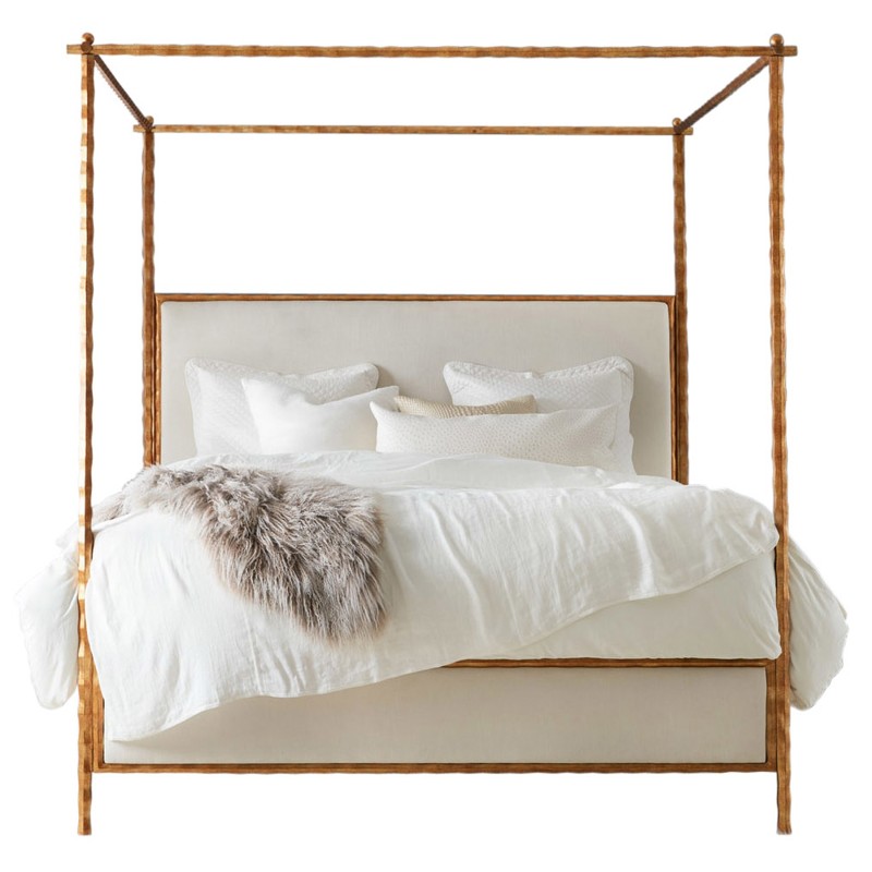 Marilyn Modern Classic Gold Leaf White Linen Upholstered Wood Canopy Bed - Queen