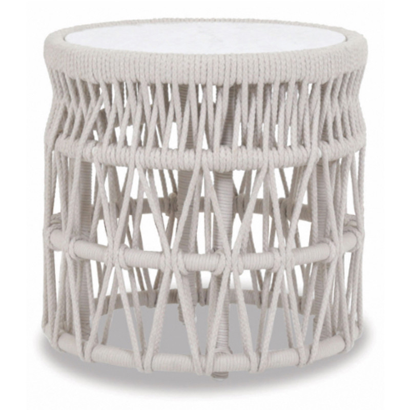 Sitti Coastal Marble Top Ivory Woven Rope Outdoor Side End Table