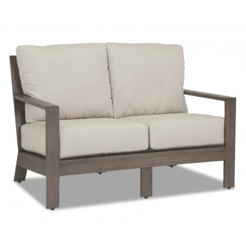 Ezra Modern Taupe Grey Aluminum Beige Cushion Outdoor Loveseat