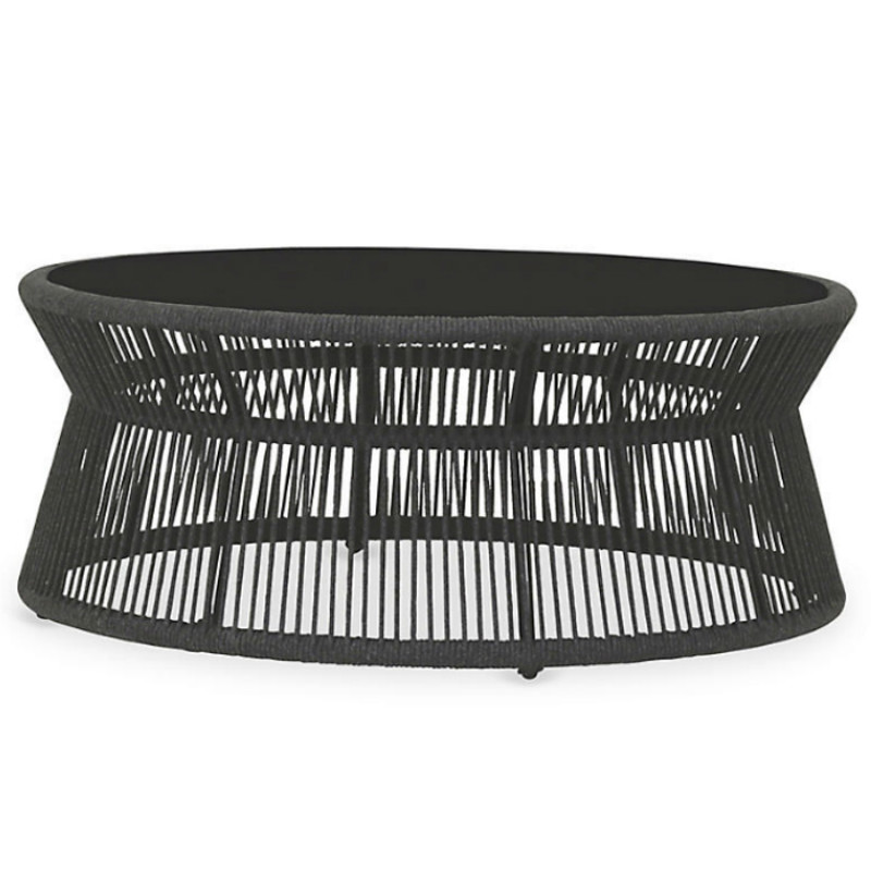 Levi Coastal Black Stone Top Woven Rope Round Outdoor Coffee Table