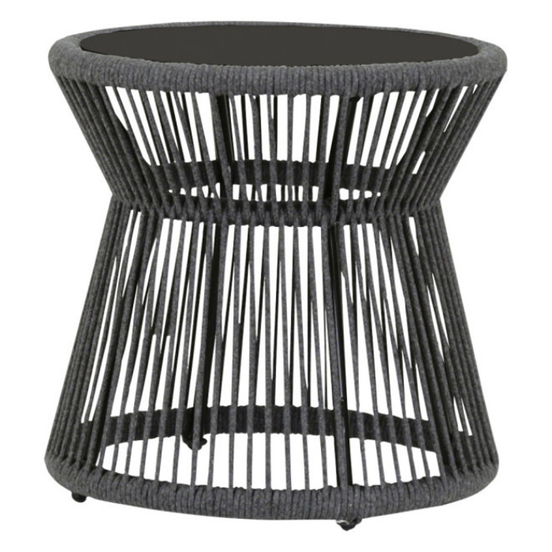 Levi Coastal Black Stone Top Woven Rope Round Outdoor Side End Table
