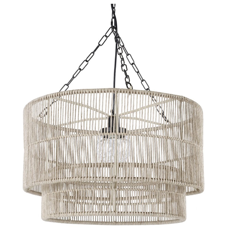 Palecek Tanner Coastal Beach Off White Woven Wicker Outdoor Drum Pendant