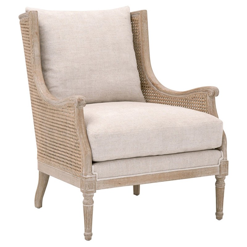 Beau French Country Beige Linen Blend Natural Cane Birch Wood Wing Arm Chair