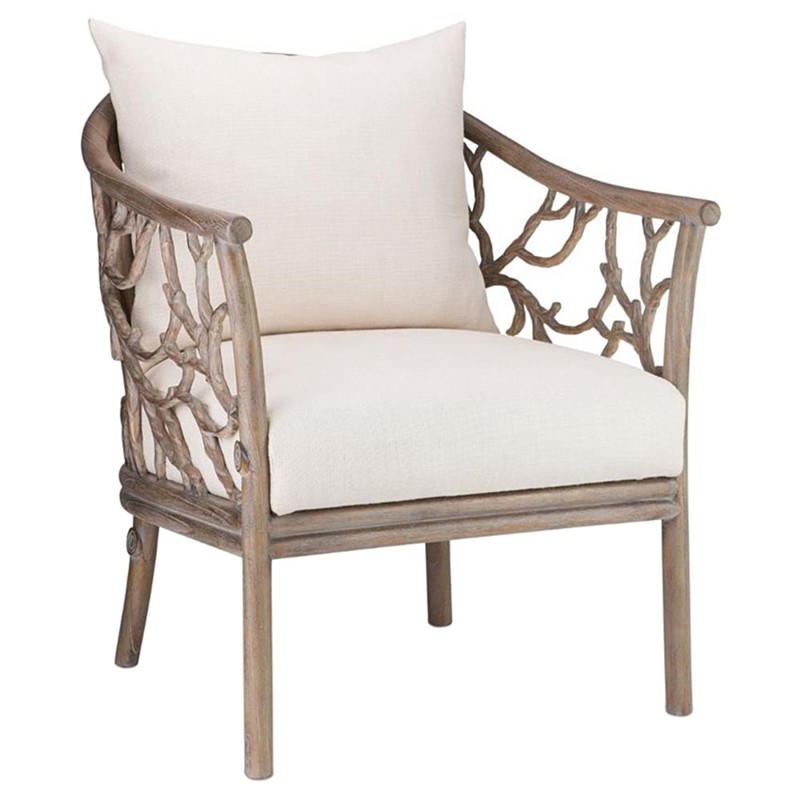 Bosco Coastal Beach White Linen Driftwood Mahogany Wood Arm Chair