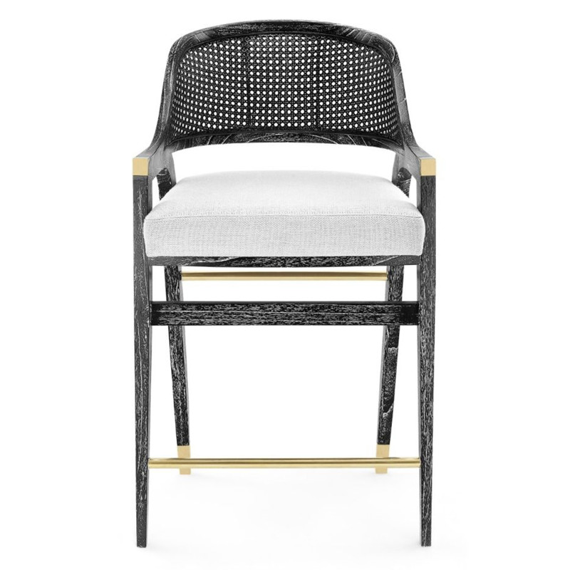 Edward Coastal White Linen Black Mahogany Woven Cane Counter Stool