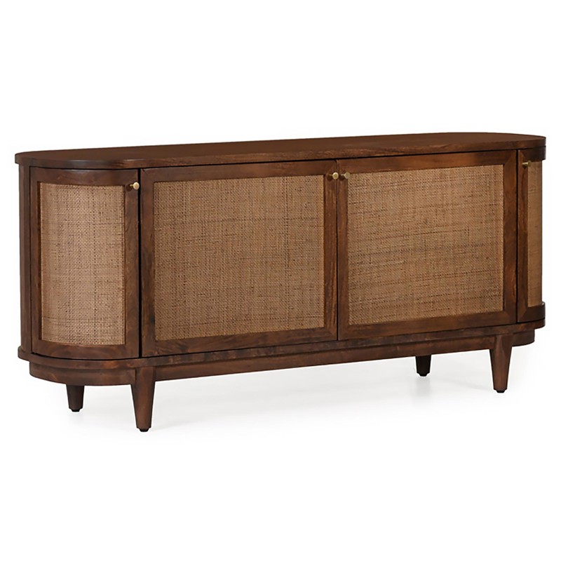 Daphne Mid Century Dark Acacia Wood Woven Cane Rattan 4 Door Media
