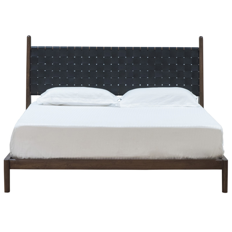 Darcie Mid Century Brown Teak Woven Leather Headboard Bed - Queen