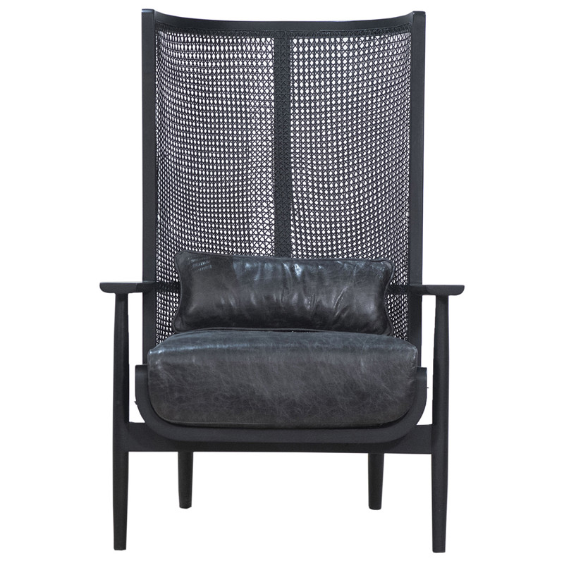Naomi Coastal Beach Black Leather Cushion Charcoal Mango Wood Cane Wing Chair