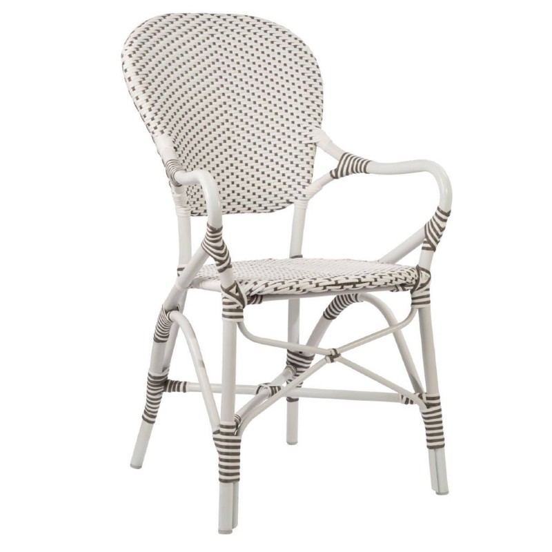 Luke Coastal Beach White Brown Faux Rattan Stackable Outdoor Dining Arm Chair