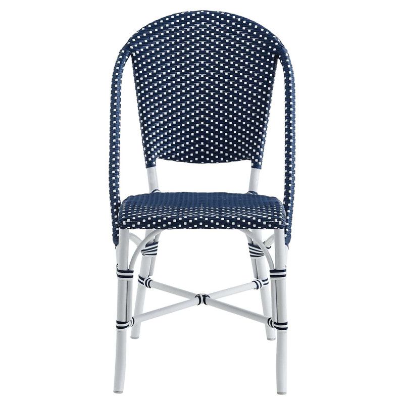 Gene Coastal Beach Navy Blue Faux Rattan White Aluminum Frame Outdoor Dining Chair