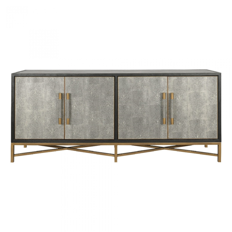 Myla Hollywood Grey Faux Shagreen Wrapped Oak Wood Brass Sideboard Buffet