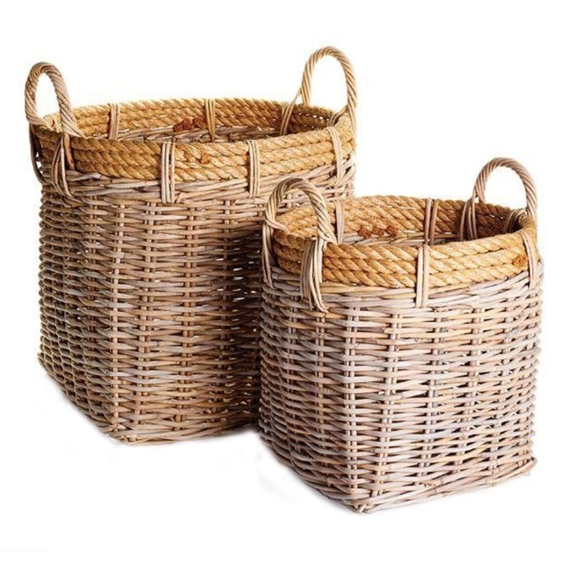 Arthur Coastal Beach Brown Woven Rattan Harvest Baskets - Set of 2