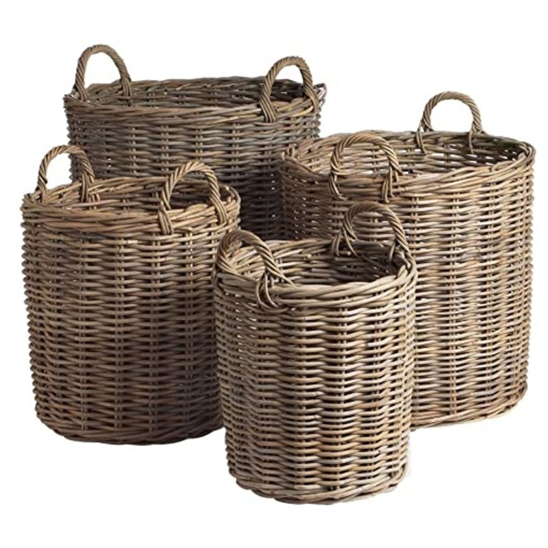 Norman Coastal Beach Grey Woven Rattan Round Basket - Set of 4