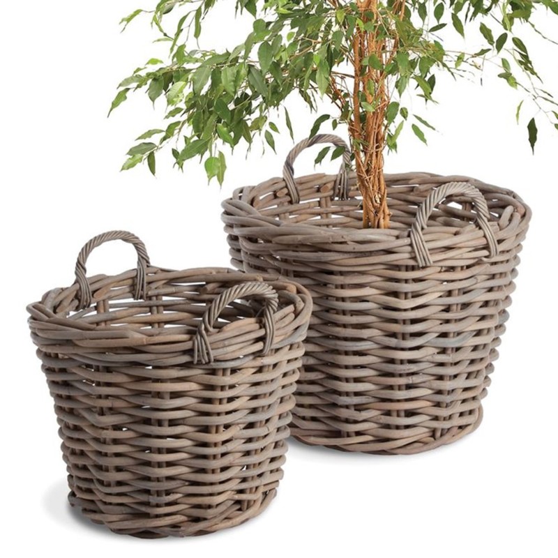 Norman Coastal Beach Grey Woven Rattan Tree Basket - Set of 2