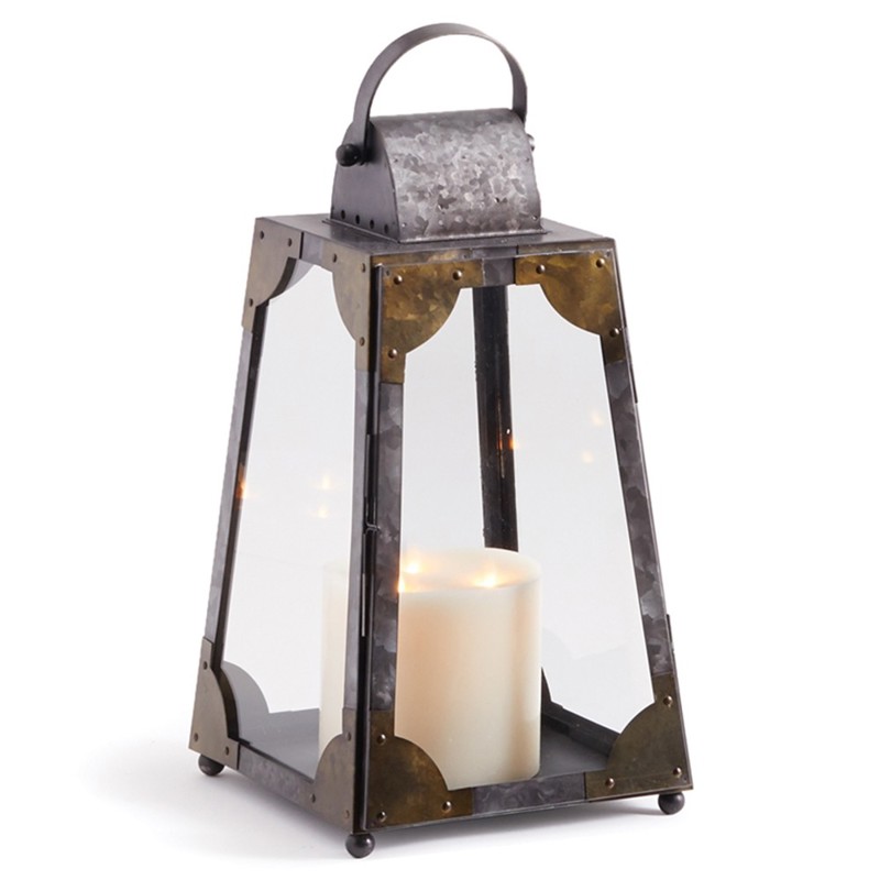 Maddy Mid Century Clear Glass Grey Galvanized Metal Lantern Candleholder - Small