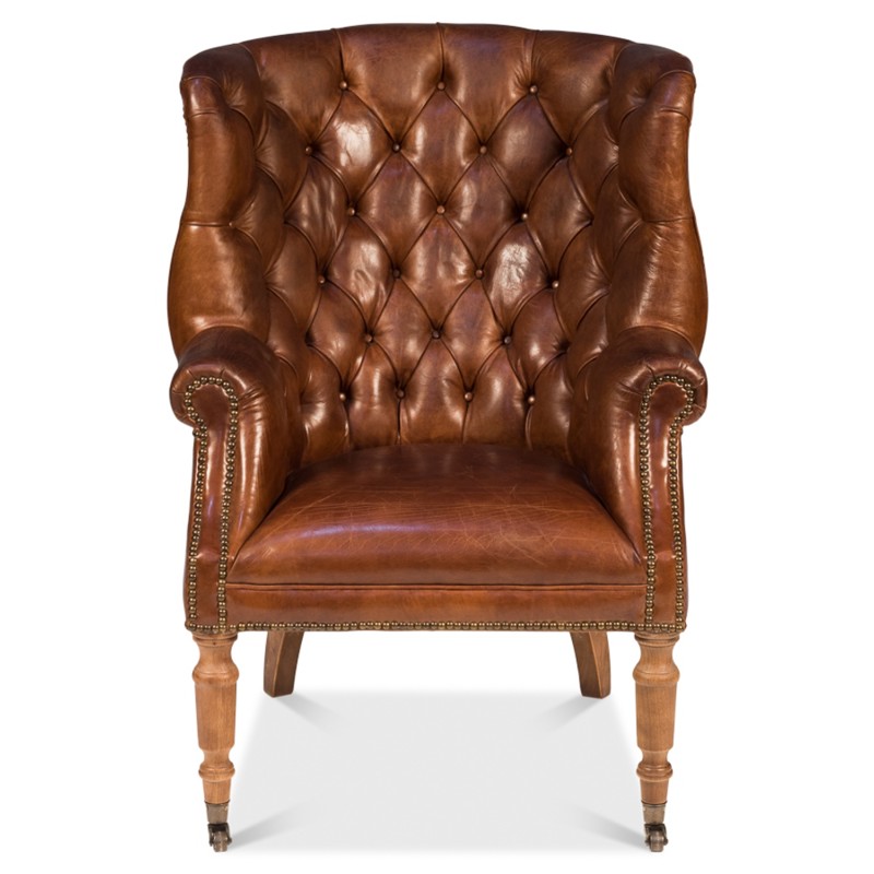 Shelby Updated Traditional Vintage Brown Tufted Leather Nailhead Arm Chair