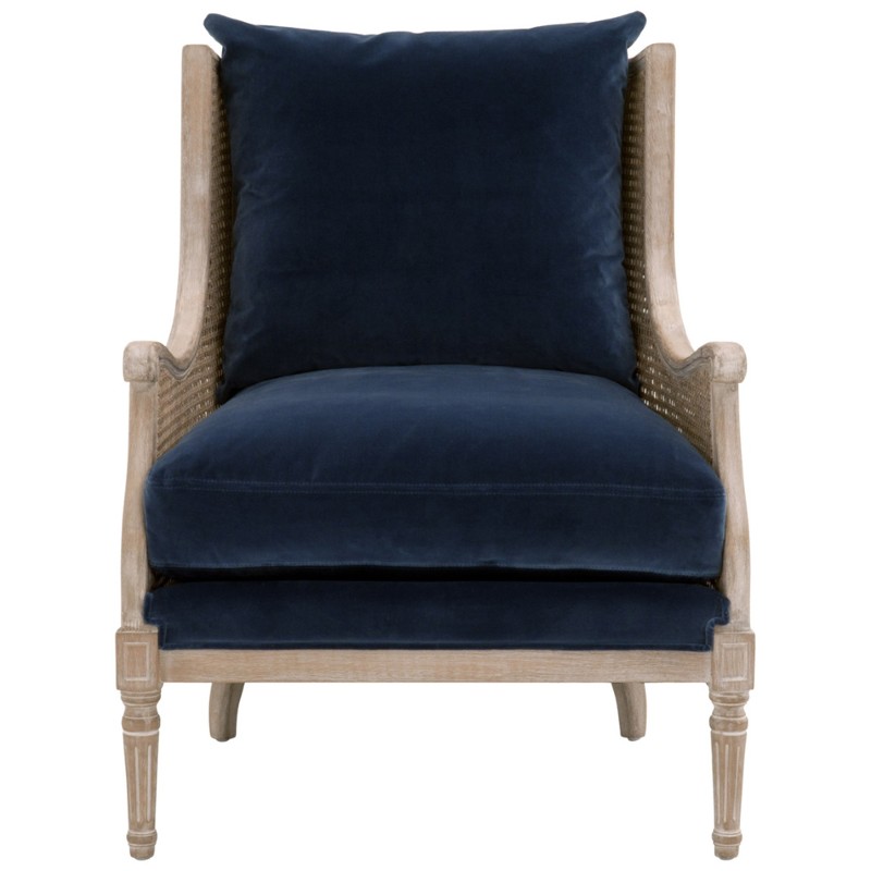 Beau French Country Blue Velvet Grey Birch Wood Wing Chair