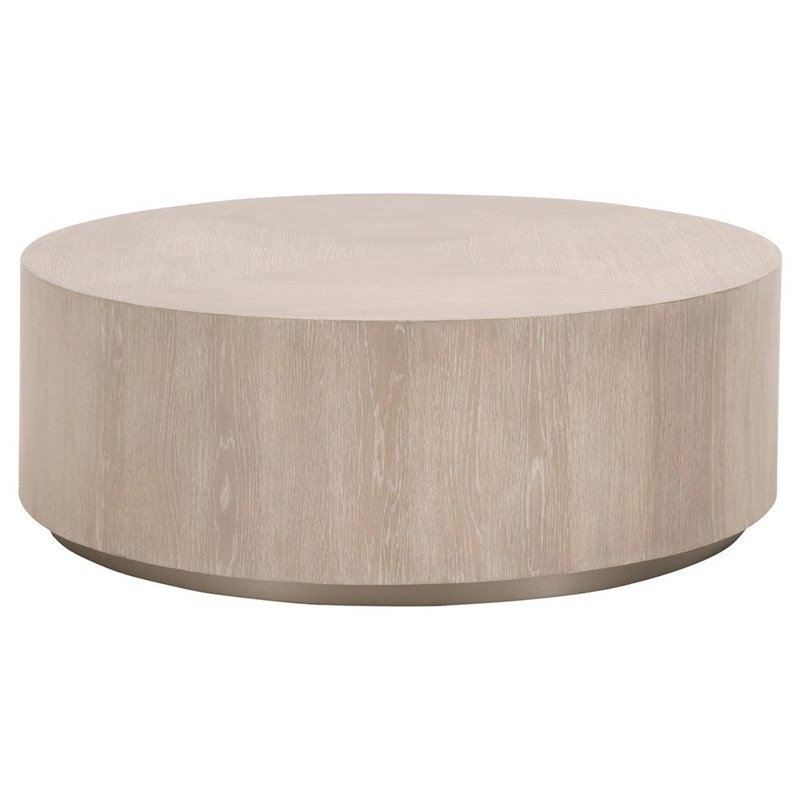 Lionel Coastal Beach Natural Grey Oak Wood Large Round Drum Coffee Table
