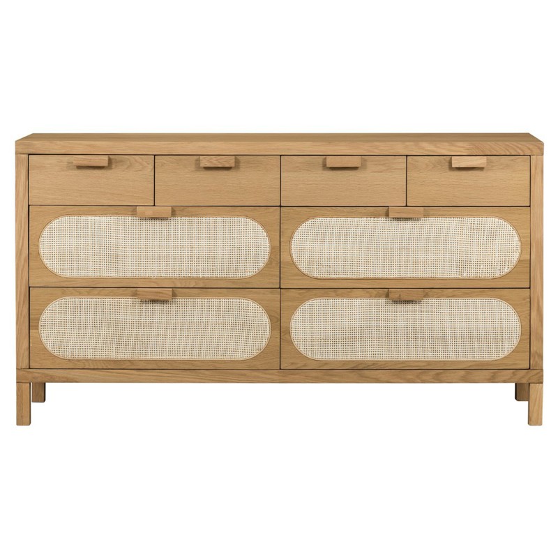Allie Coastal Brown Oak Light Wood 8 Drawer Beige Cane Dresser