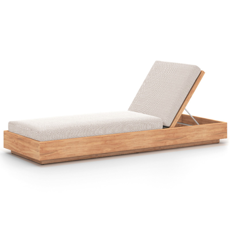 Kisha Rustic Lodge Light Grey Upholstered Linen Natural Teak Wood Outdoor Chaise