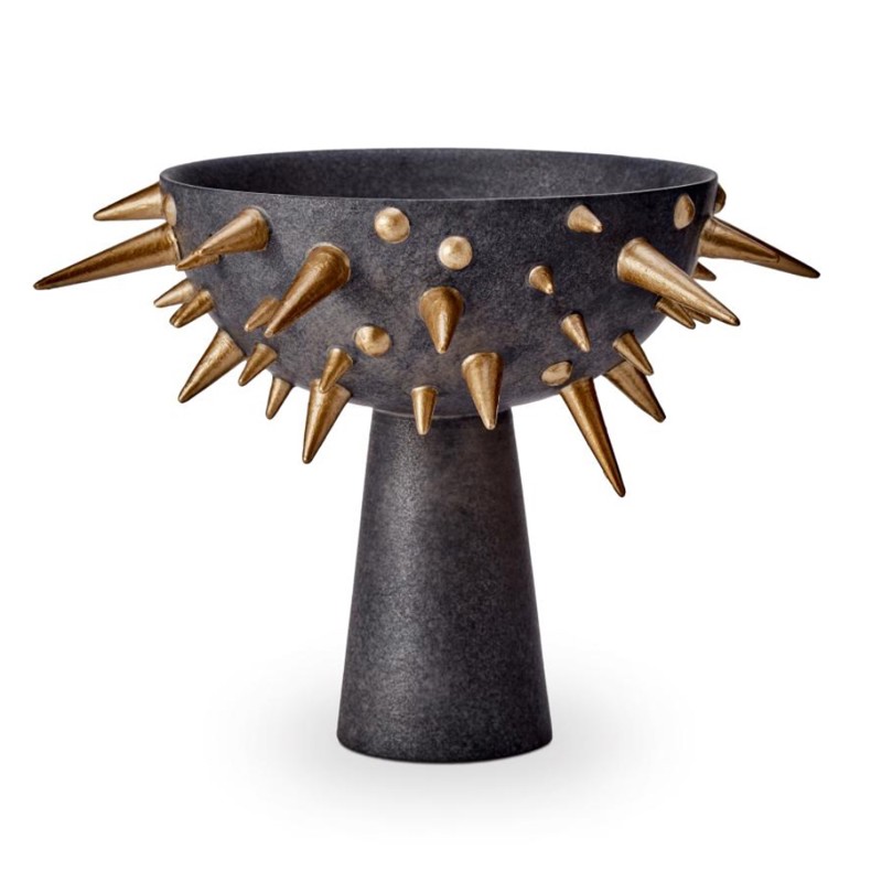 L'Objet Celestial Industrial Black Earthenware Gold Spikes Footed Bowl - Small