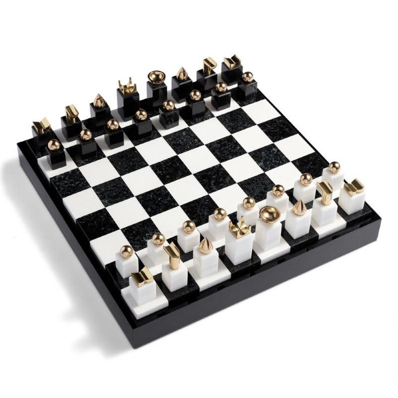 L'Objet Modern Classic White Marble Brass Accent Chess Set