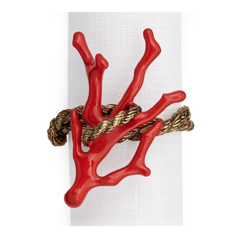 L'Objet Coral Coastal Beach Red Enamel Gold Plated Napkin Ring - Set of 4