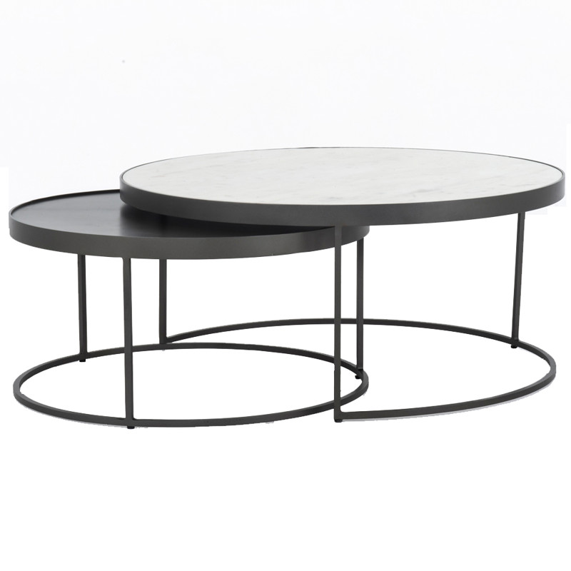 Nash Industrial Loft White Marble Top Iron Nesting Round Coffee Table