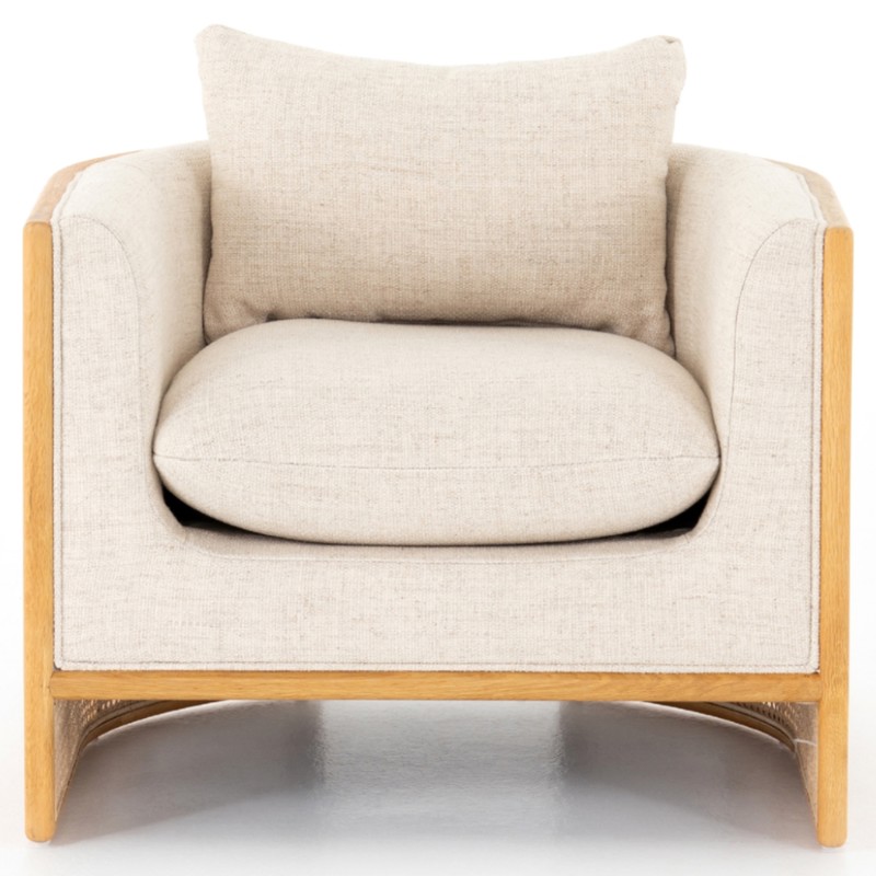 Jun Modern Cream Performance Upholstered Cushion Brown Wood Cane Arm Chair