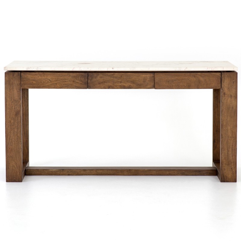 Tony Modern White Marble Tabletop Brown Acacia Wood 6 Drawer Kitchen Island