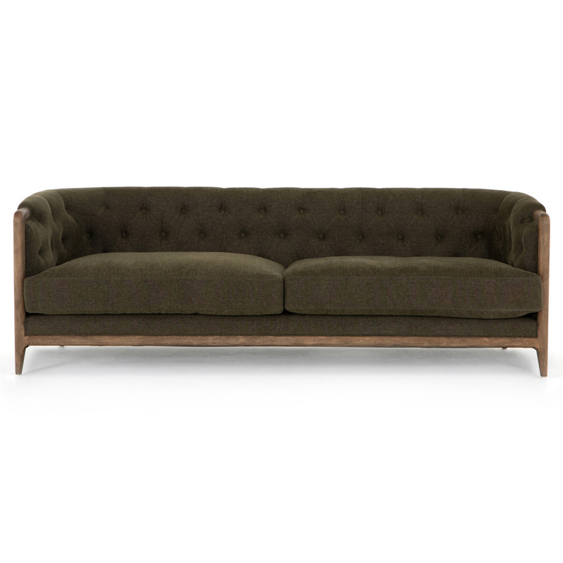 Khloe Rustic Lodge Green Performance Brown Wood Tufted Sofa - 91"