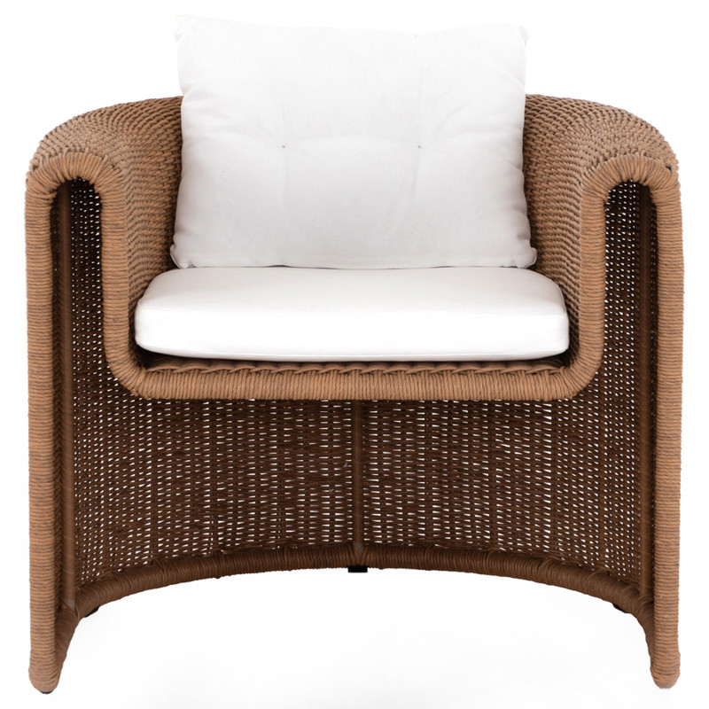 Aurora Coastal White Tufted Cushion Brown Wicker Outdoor Arm Chair