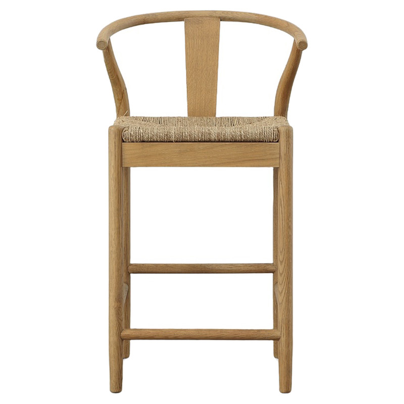 Zhuri Coastal Beach Light Brown Oak Wood Frame Woven Seat Wishbone Counter Stool